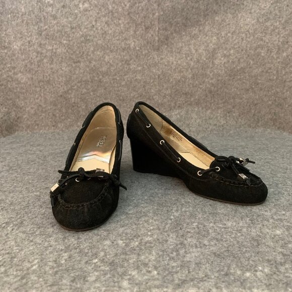 MICHAEL Michael Kors Women's Black Leather Wedge Suede Slip on Heel Bow Shoes - Picture 2 of 13